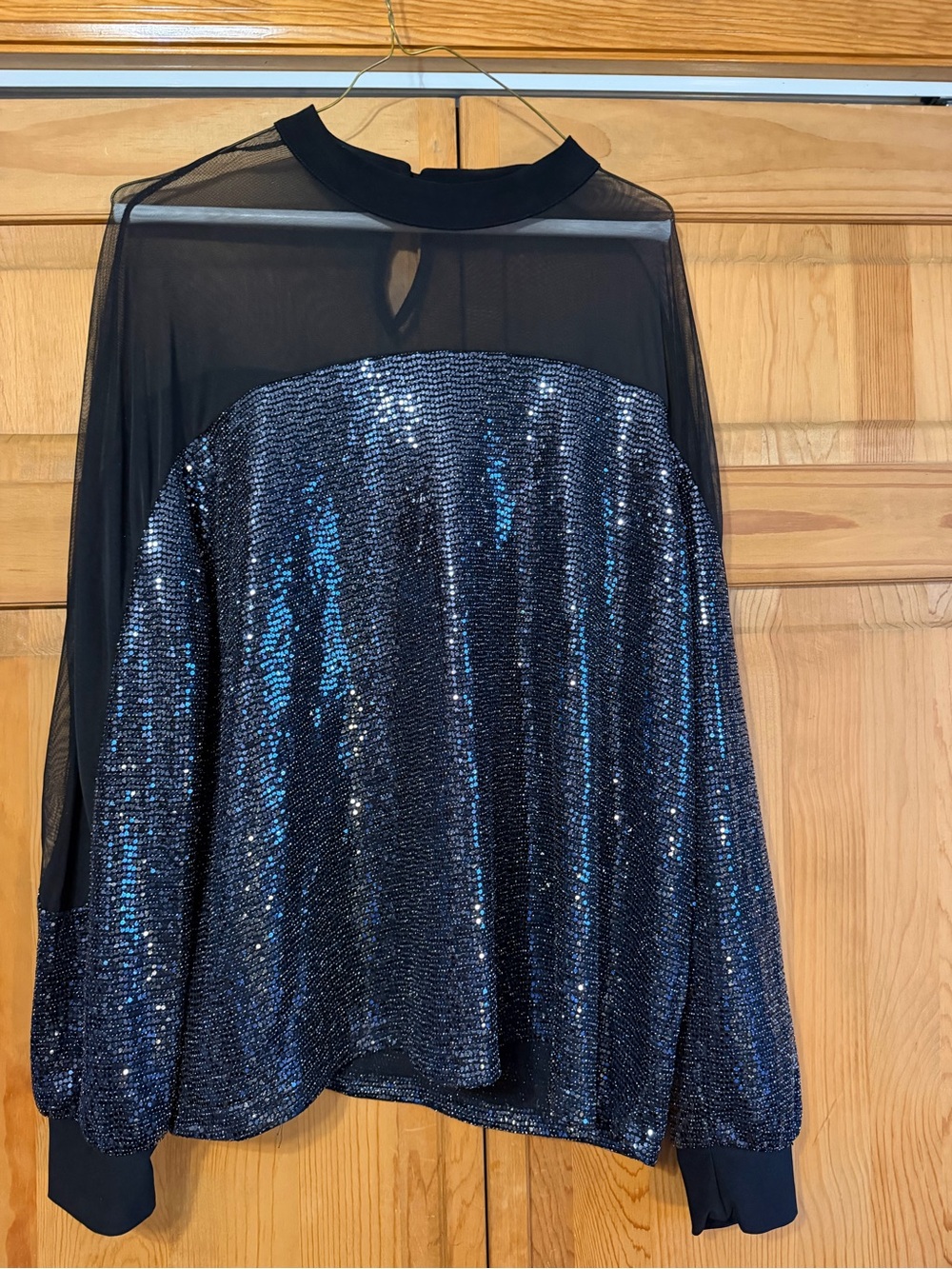 Nine West Black Sequin & Sheer Yoke Long Sleeve Top